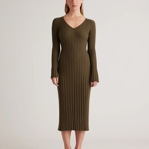 Quince Cotton Cashmere Elegant Olive Green Ribbed Knit Dress